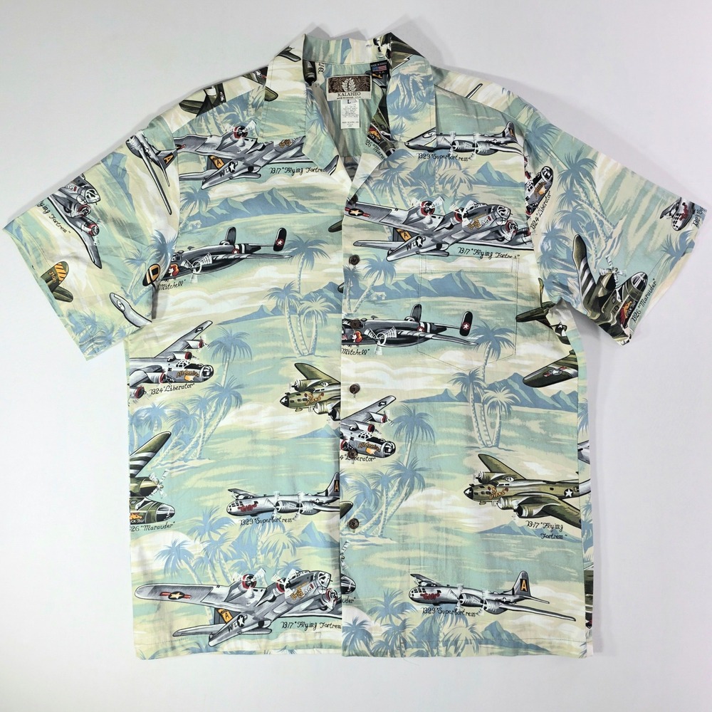 Kalaheo Mens L Hawaiian Shirt WWII Warbirds Aviation B-17 B-29 Made in Hawaii